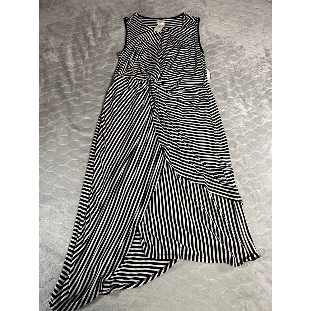 Soma Women Black White Striped Twist Front Asymmetrical Midi Dress Medium NWT